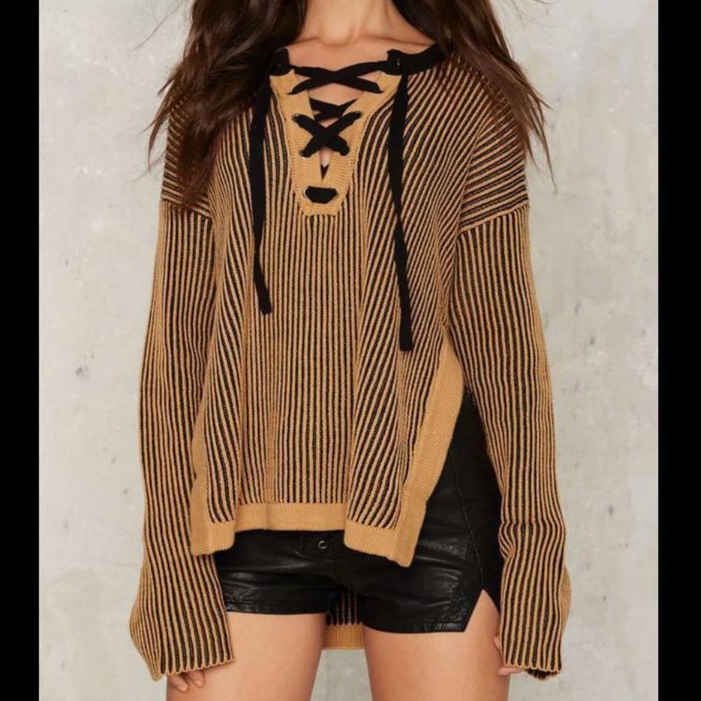Nasty Gal Ribbed Lace-Up Sweater